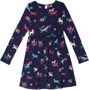 Joules Girl's Hampton Long Sleeve Dress (Toddler/Little Kids/Big Kids) Navy Ponies, 9 Years