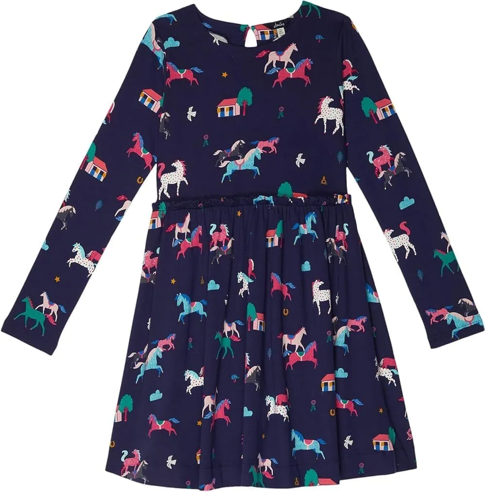 Joules Girl's Hampton Long Sleeve Dress (Toddler/Little Kids/Big Kids) Navy Ponies, 9 Years