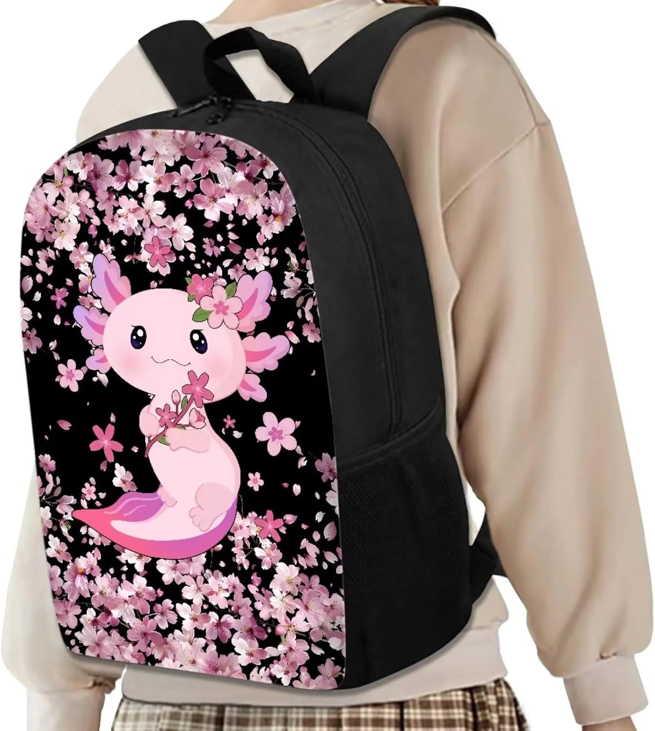 JoyLamoria Backpack Travel Hiking Camping Bag Shoulder Bag Backpack Laptop Messenger Bag Crossbody Purse, Axolotl Cherry Blossoms