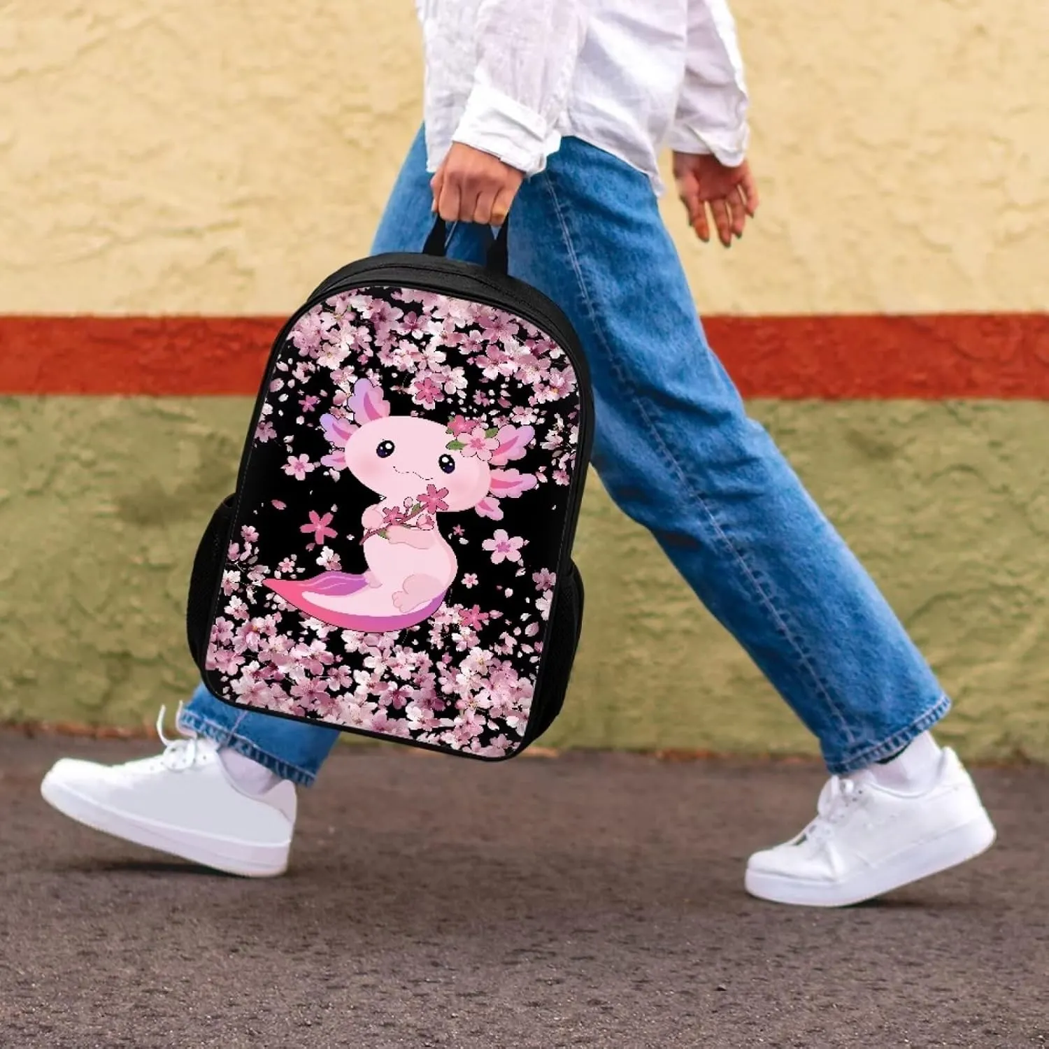 JoyLamoria Backpack Travel Hiking Camping Bag Shoulder Bag Backpack Laptop Messenger Bag Crossbody Purse, Axolotl Cherry Blossoms