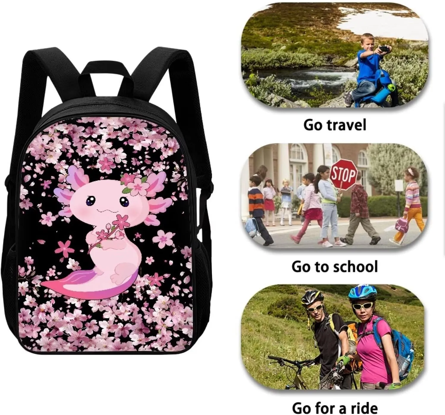JoyLamoria Backpack Travel Hiking Camping Bag Shoulder Bag Backpack Laptop Messenger Bag Crossbody Purse, Axolotl Cherry Blossoms