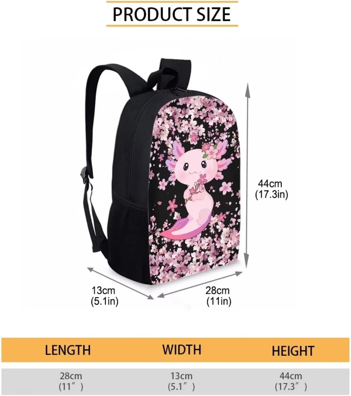 JoyLamoria Backpack Travel Hiking Camping Bag Shoulder Bag Backpack Laptop Messenger Bag Crossbody Purse, Axolotl Cherry Blossoms