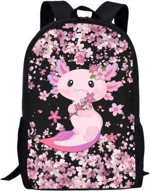 JoyLamoria Backpack Travel Hiking Camping Bag Shoulder Bag Backpack Laptop Messenger Bag Crossbody Purse, Axolotl Cherry Blossoms