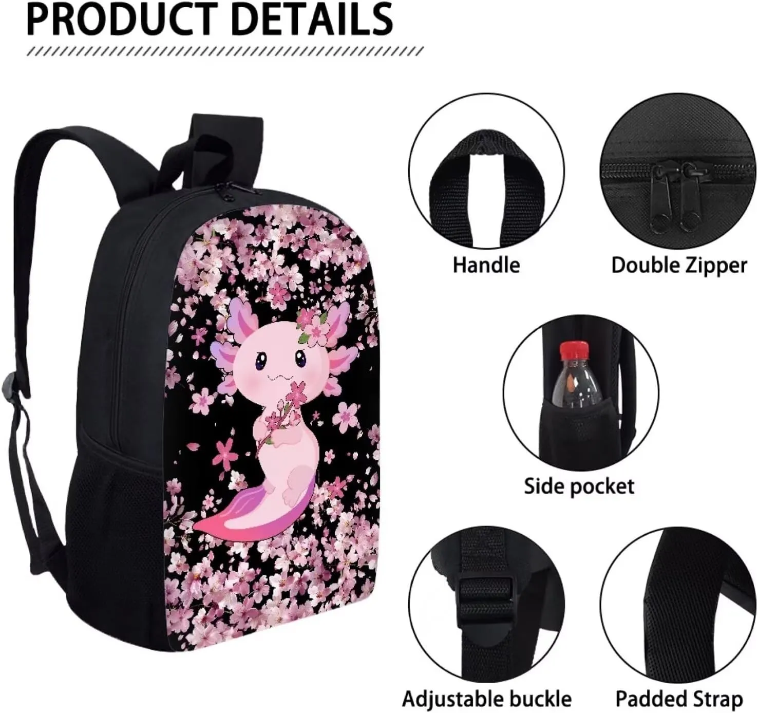 JoyLamoria Backpack Travel Hiking Camping Bag Shoulder Bag Backpack Laptop Messenger Bag Crossbody Purse, Axolotl Cherry Blossoms
