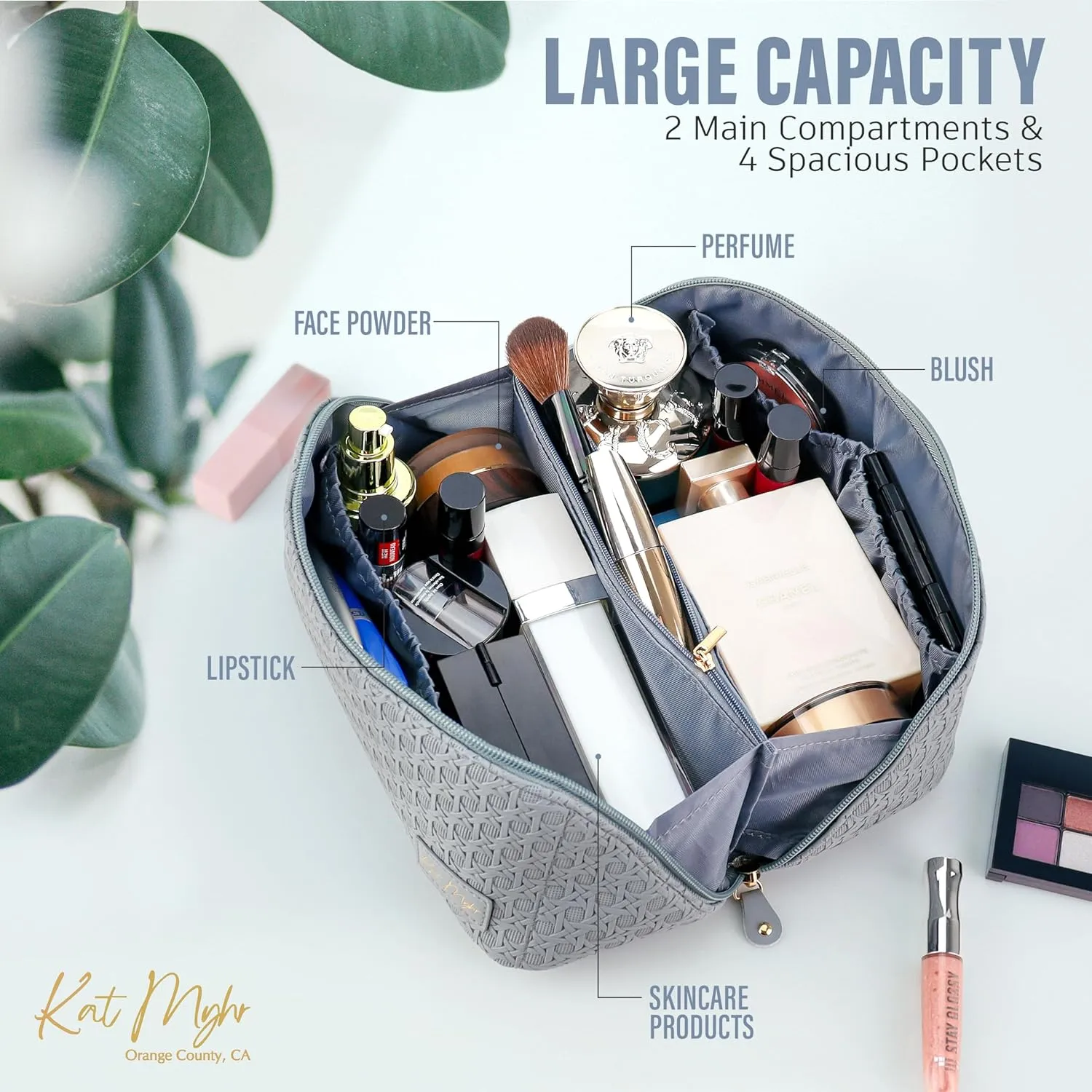 Kat Myhr Large Capacity Travel Cosmetic Bag with handle and divider - Waterproof Makeup Bag Organizer - Cosmetic Make Up Bag for Women - Cute Makeup Bag for Women (Steel Blue)