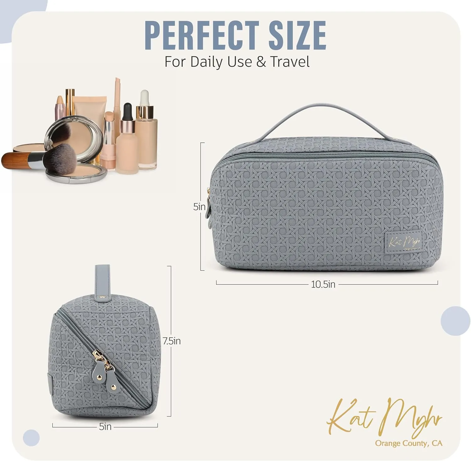 Kat Myhr Large Capacity Travel Cosmetic Bag with handle and divider - Waterproof Makeup Bag Organizer - Cosmetic Make Up Bag for Women - Cute Makeup Bag for Women (Steel Blue)