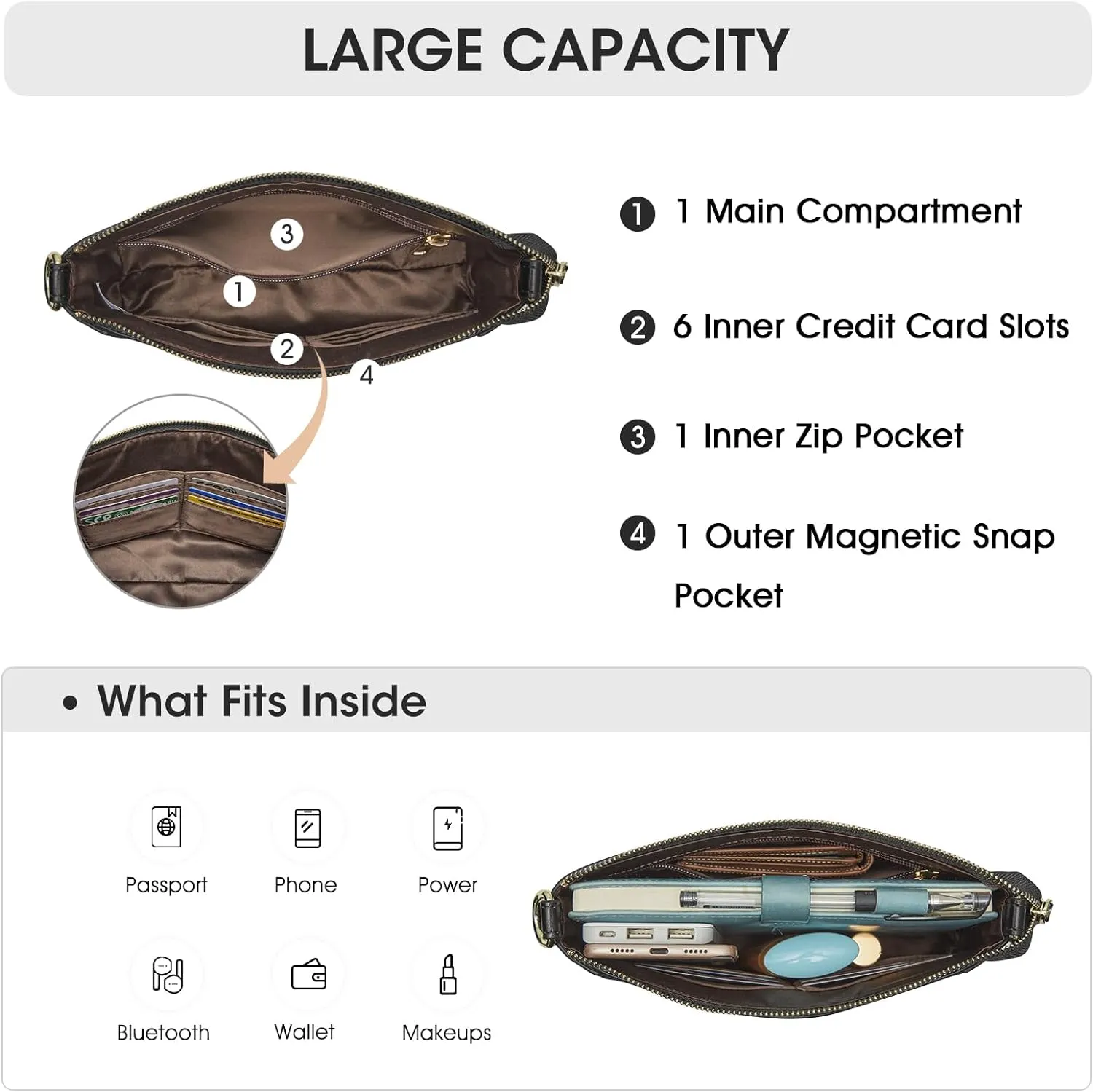 Kattee Leather Crossbody Bags for Women Trendy, Small Shoulder Purses and Handbags, Clutch Wristlet Wallet with 2 Straps