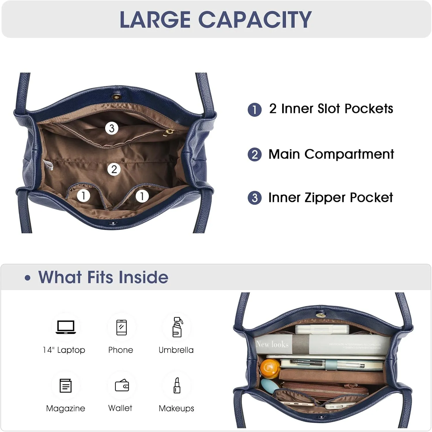 Kattee Leather Tote Bags for Women, Casual Shoulder Hobo Purses and Handbags, Top Magnetic Snap Closure