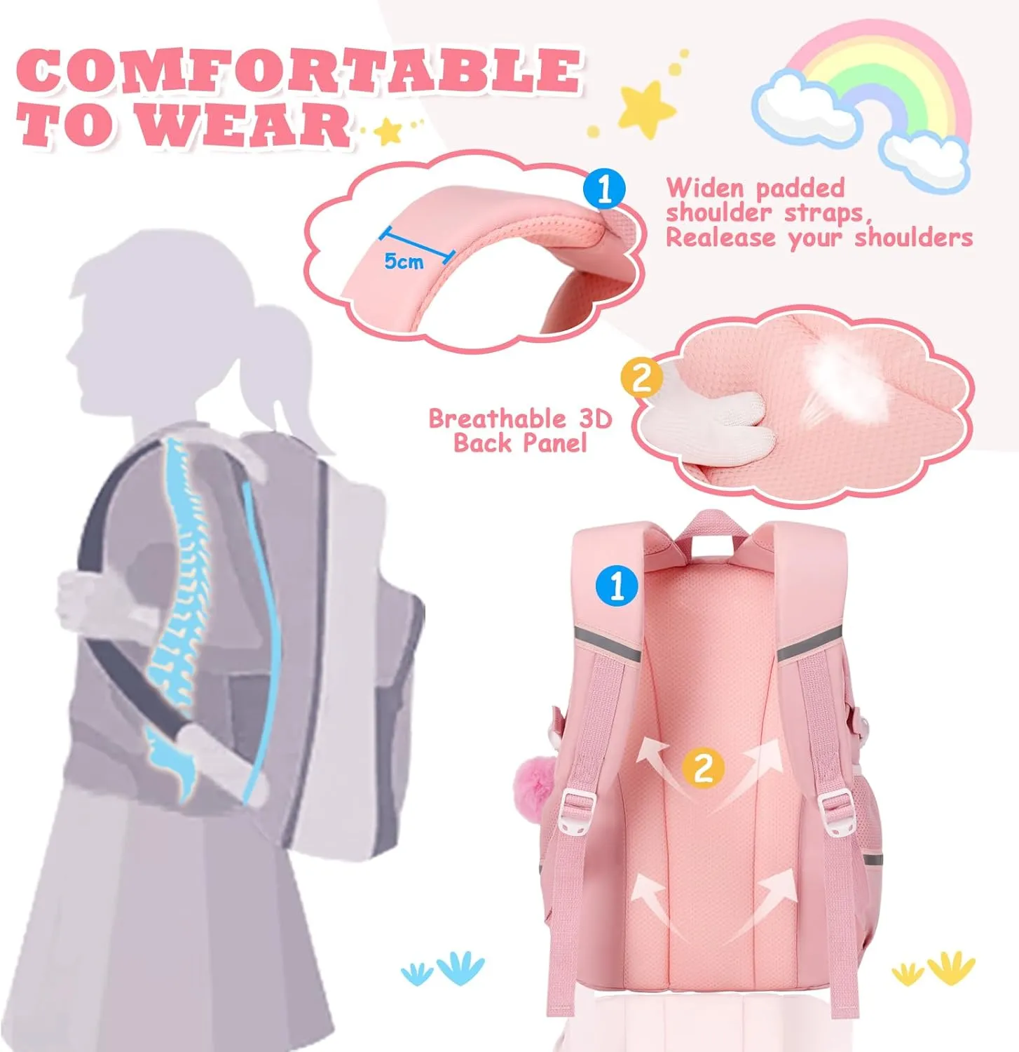 Kawaii Girls Backpack for School, Cute Teenage Multiple Pockets Backpack, Fashion Bookbag for Primary Elementary High School, Pink