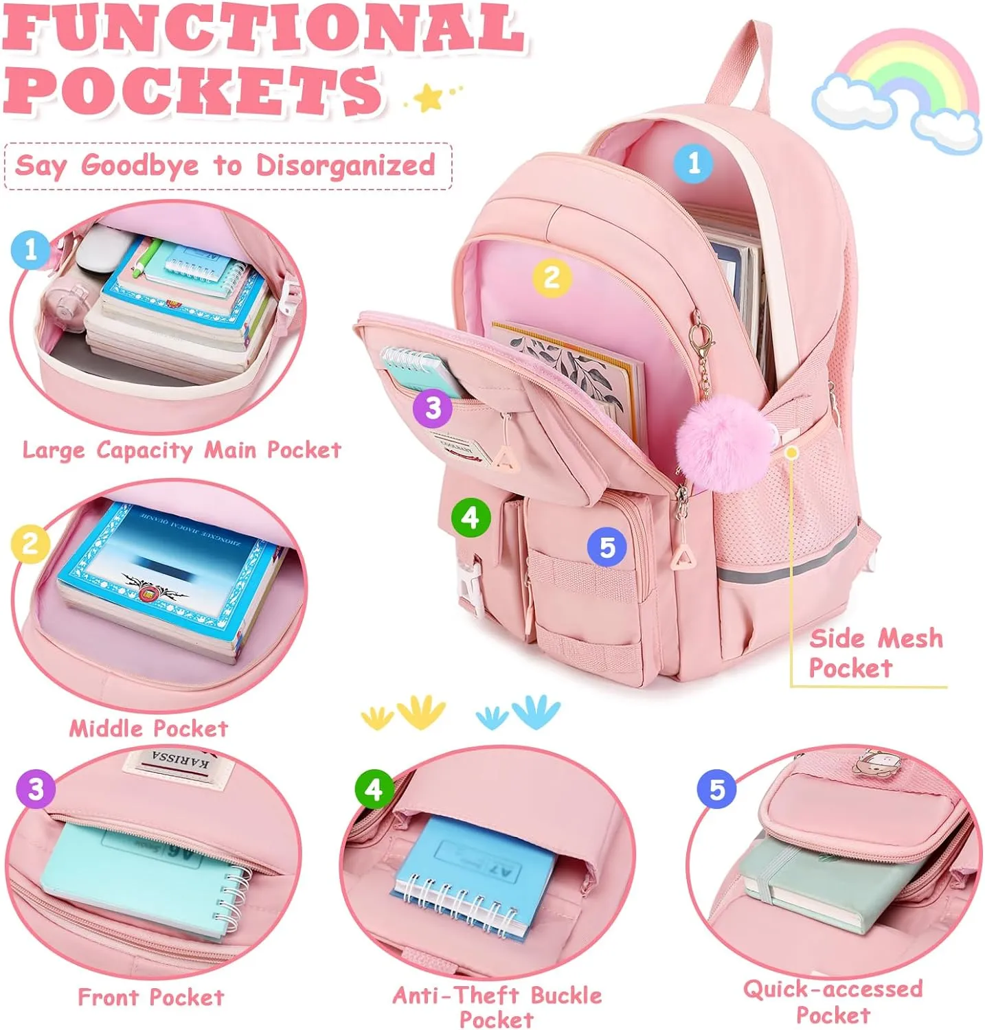 Kawaii Girls Backpack for School, Cute Teenage Multiple Pockets Backpack, Fashion Bookbag for Primary Elementary High School, Pink