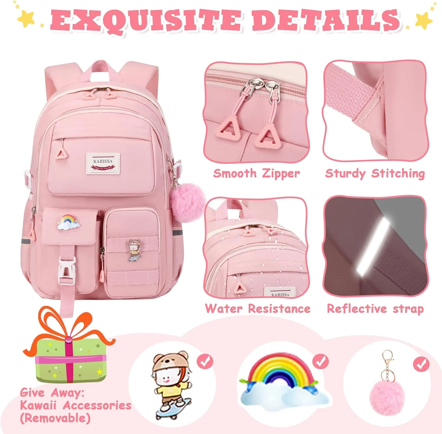 Kawaii Girls Backpack for School, Cute Teenage Multiple Pockets Backpack, Fashion Bookbag for Primary Elementary High School, Pink