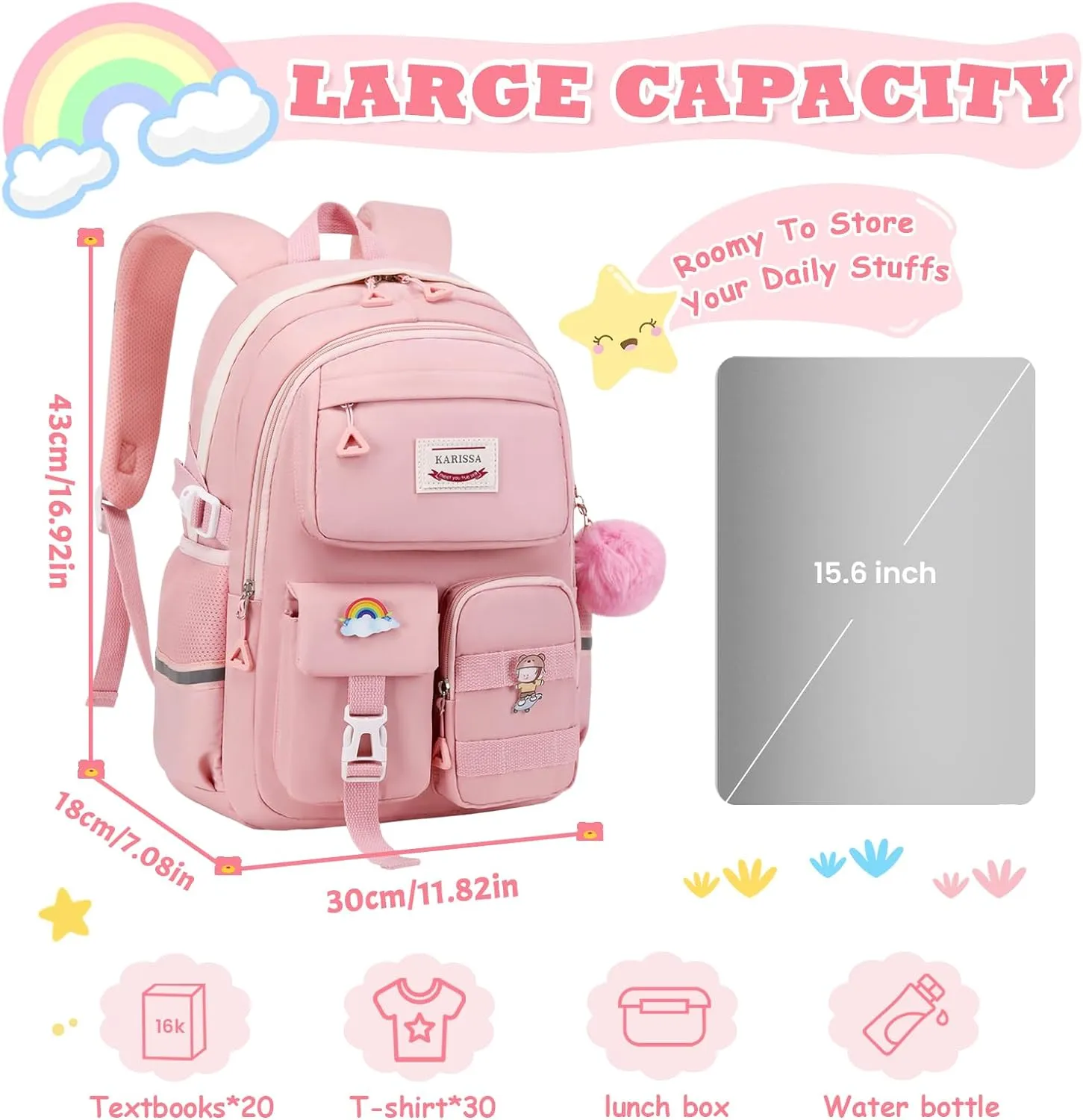 Kawaii Girls Backpack for School, Cute Teenage Multiple Pockets Backpack, Fashion Bookbag for Primary Elementary High School, Pink