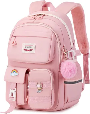 Kawaii Girls Backpack for School, Cute Teenage Multiple Pockets Backpack, Fashion Bookbag for Primary Elementary High School, Pink