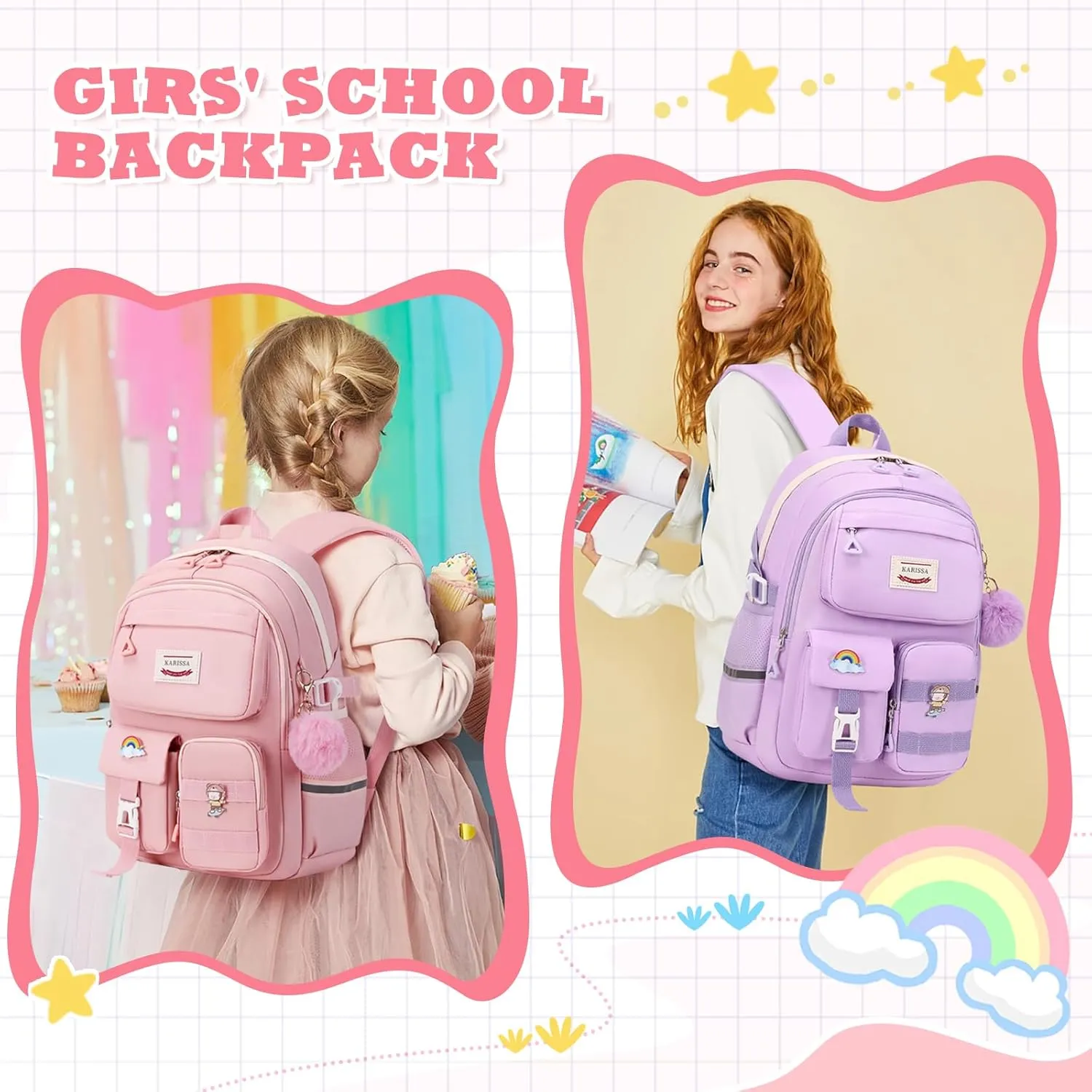 Kawaii Girls Backpack for School, Cute Teenage Multiple Pockets Backpack, Fashion Bookbag for Primary Elementary High School, Pink