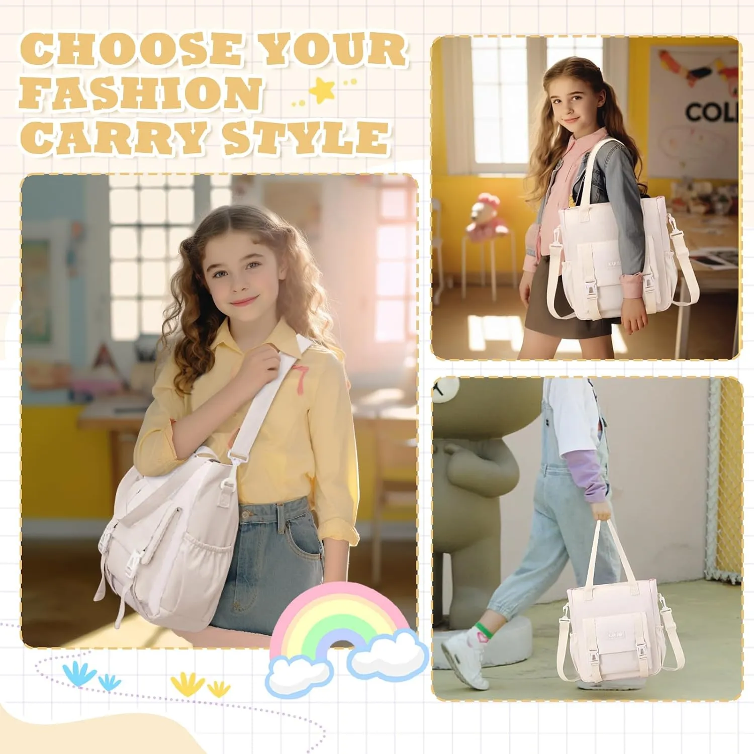Kawaii Girls Backpack for School with Convertible Shoulder Tote Bag，Cute Teenage Multiple Pockets Backpack for Primary Elementary High School, Milk White 3 Pcs Set