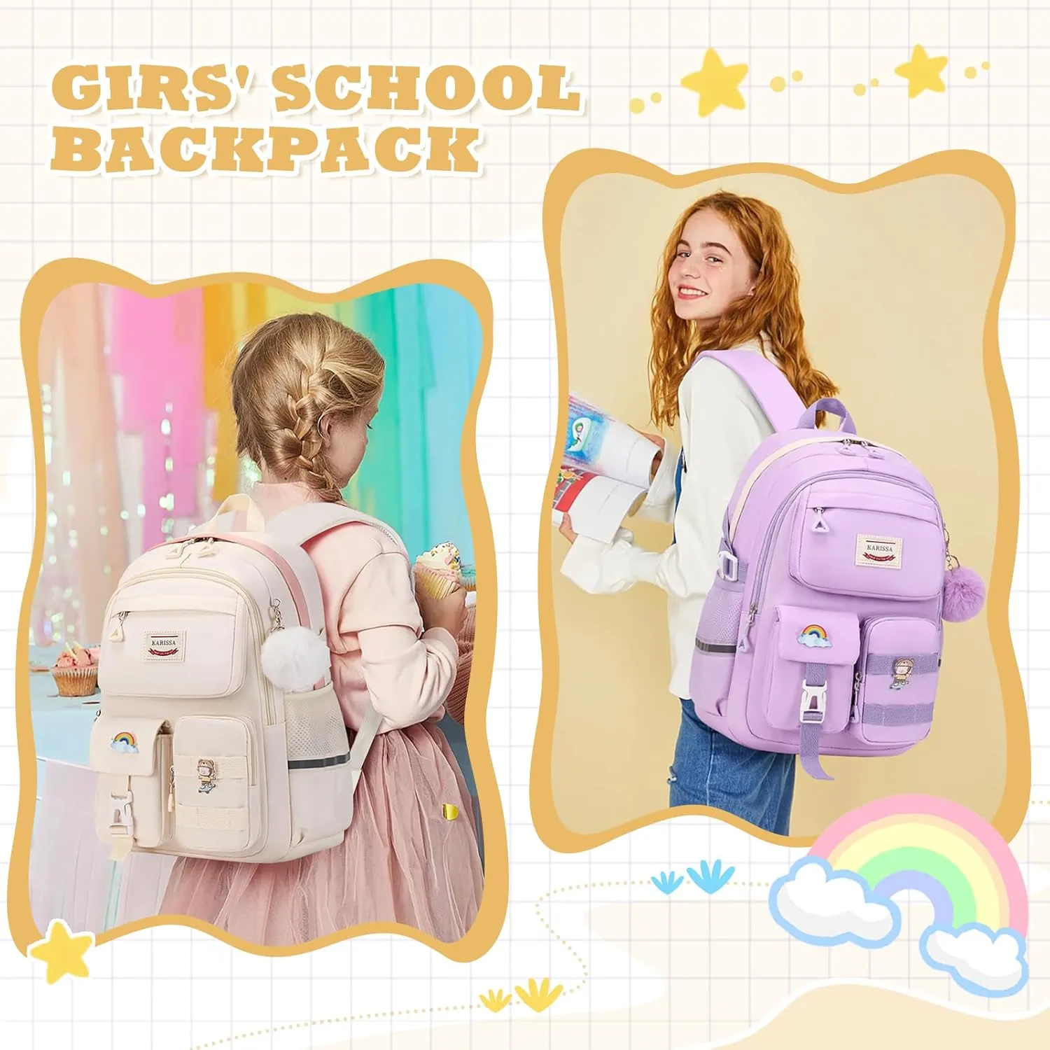 Kawaii Girls Backpack for School with Convertible Shoulder Tote Bag，Cute Teenage Multiple Pockets Backpack for Primary Elementary High School, Milk White 3 Pcs Set