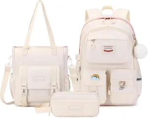 Kawaii Girls Backpack for School with Convertible Shoulder Tote Bag，Cute Teenage Multiple Pockets Backpack for Primary Elementary High School, Milk White 3 Pcs Set