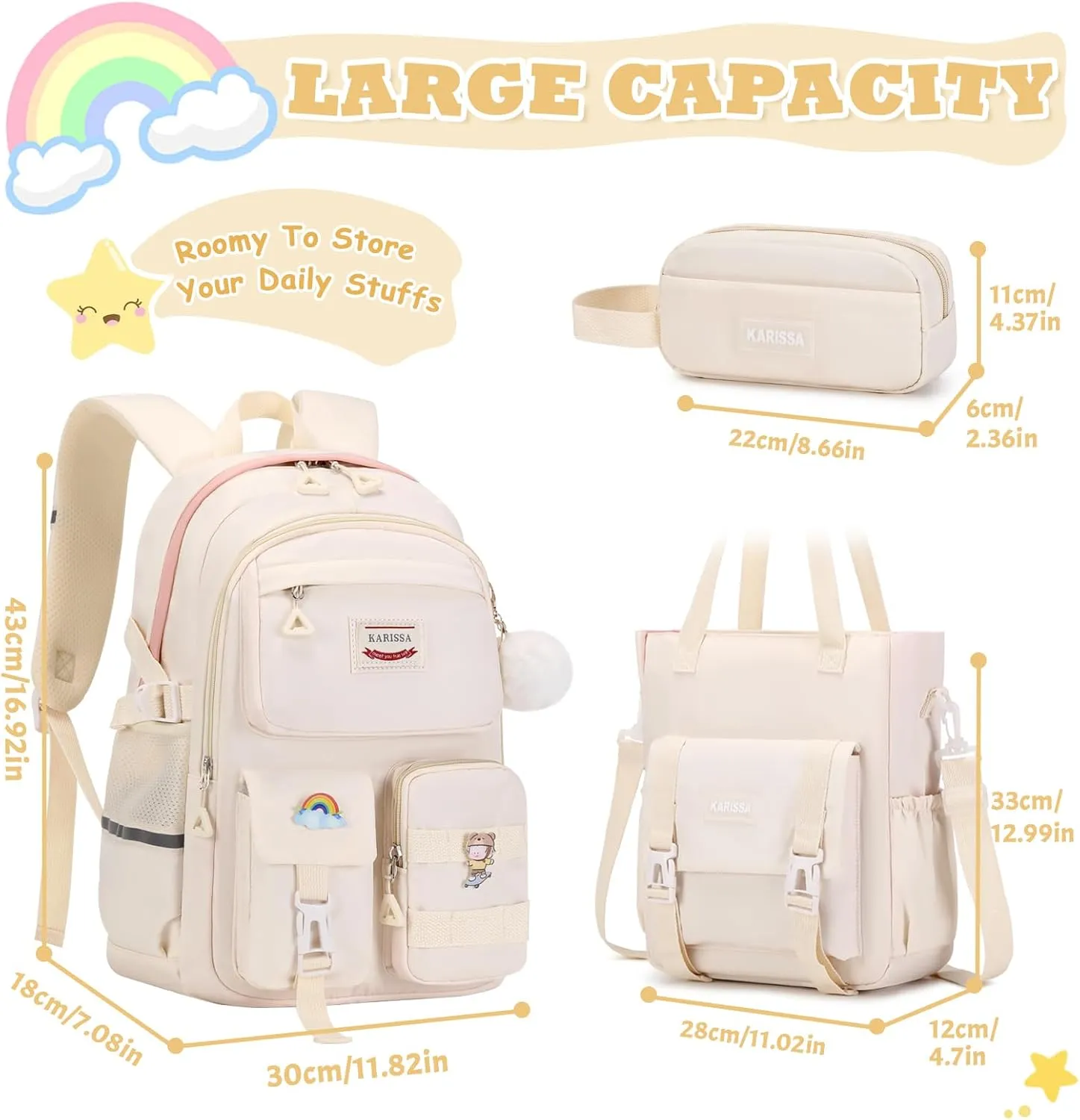 Kawaii Girls Backpack for School with Convertible Shoulder Tote Bag，Cute Teenage Multiple Pockets Backpack for Primary Elementary High School, Milk White 3 Pcs Set