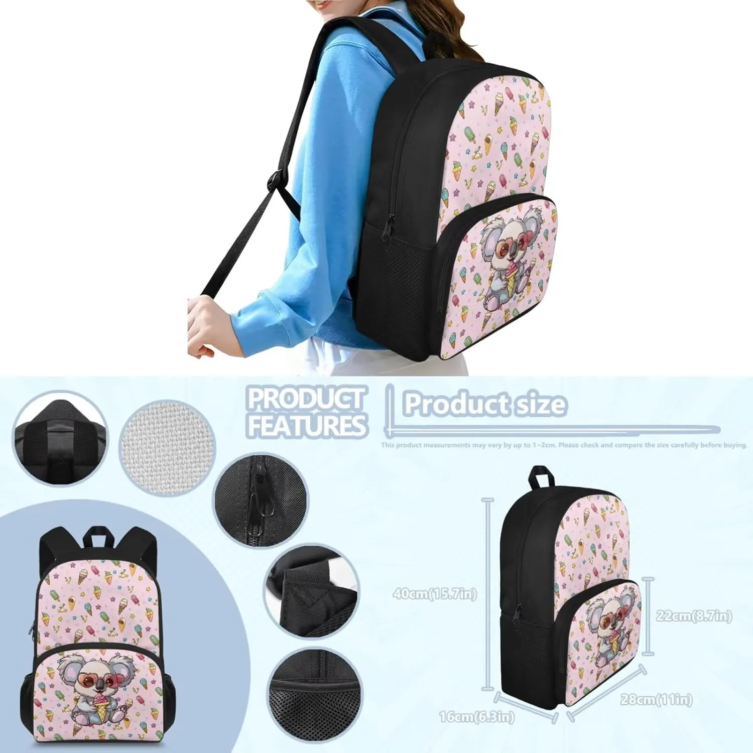 Kawaii Koala Teen Backpacks for Girl Middle School Fashion Shoulder Bag for School Teens Leakproof Freezable Lunch Bag with Strap for School Students