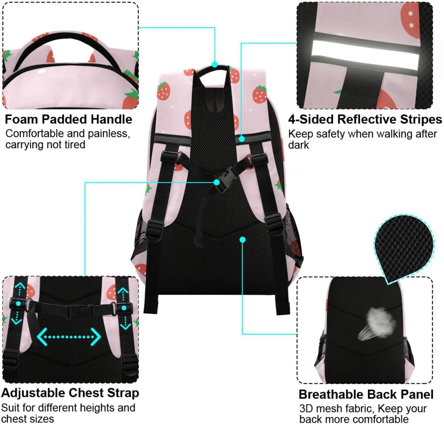 Kcldeci Kids Backpack for Girls Boys Strawberry Polka Dot Cute Axolotl Mascot Cartoon Middle-School Backpacks Elementary Bookbags School Book Bag Travel Bag