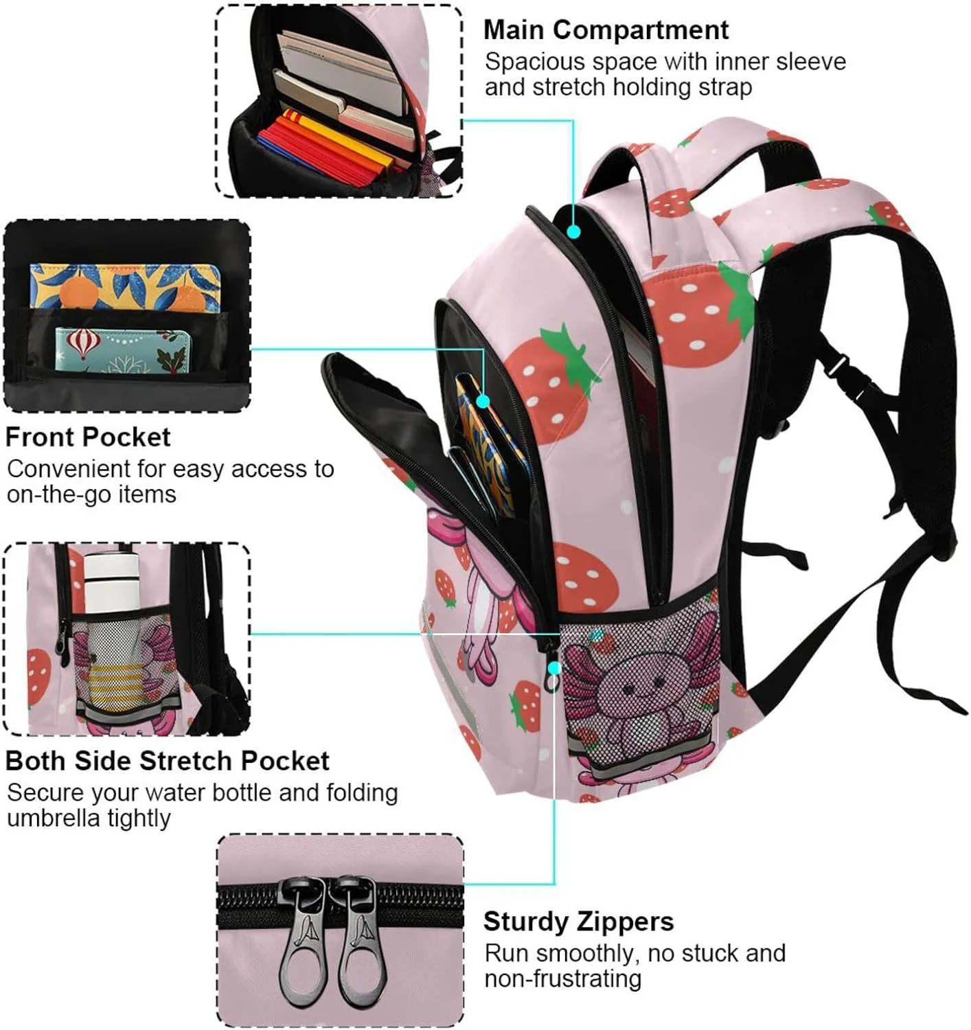 Kcldeci Kids Backpack for Girls Boys Strawberry Polka Dot Cute Axolotl Mascot Cartoon Middle-School Backpacks Elementary Bookbags School Book Bag Travel Bag