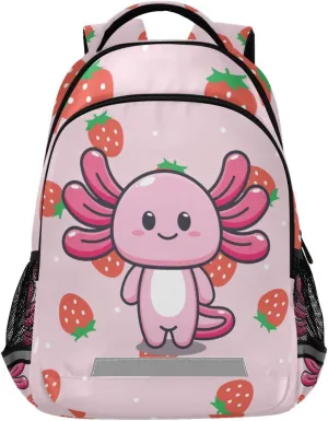 Kcldeci Kids Backpack for Girls Boys Strawberry Polka Dot Cute Axolotl Mascot Cartoon Middle-School Backpacks Elementary Bookbags School Book Bag Travel Bag