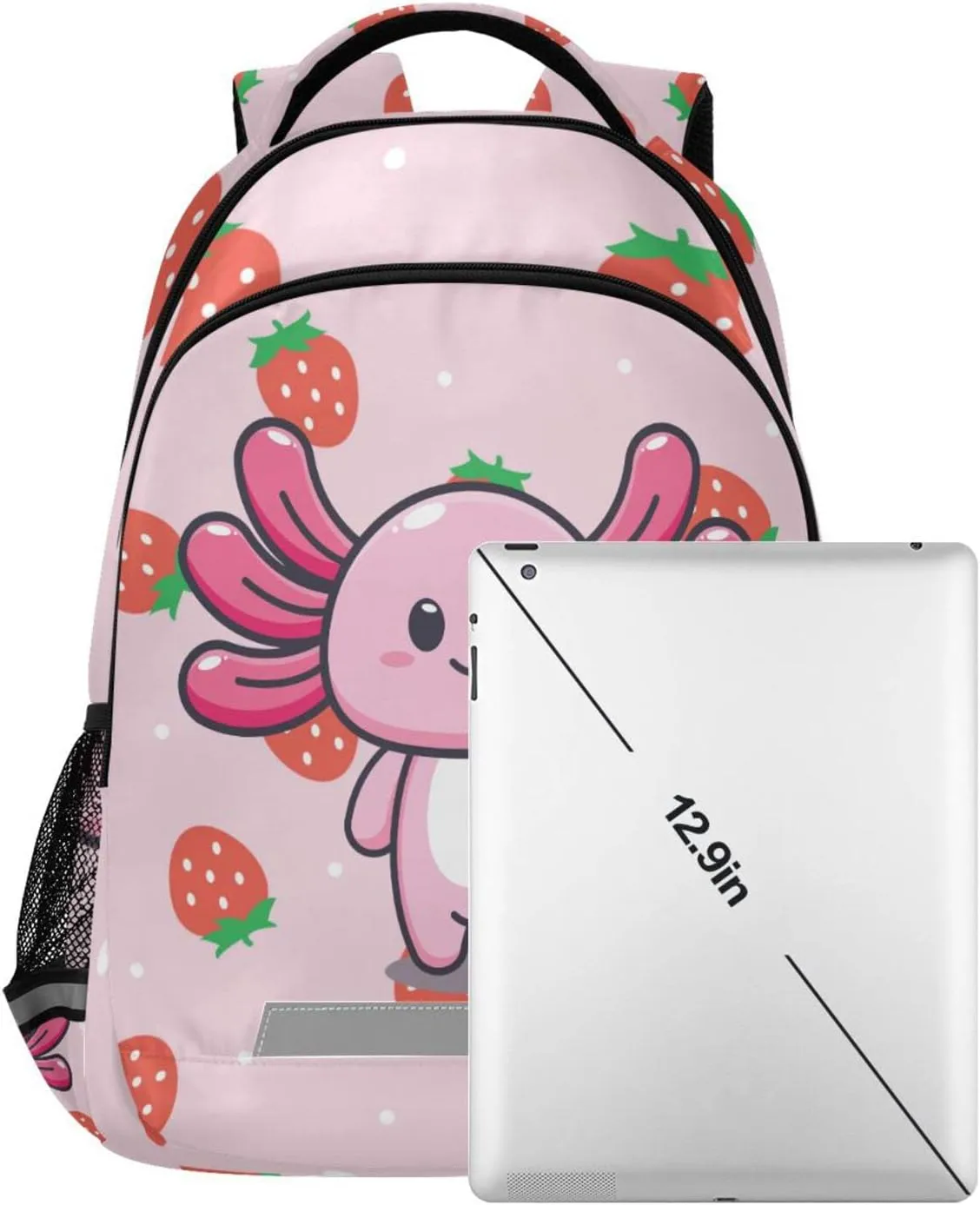 Kcldeci Kids Backpack for Girls Boys Strawberry Polka Dot Cute Axolotl Mascot Cartoon Middle-School Backpacks Elementary Bookbags School Book Bag Travel Bag