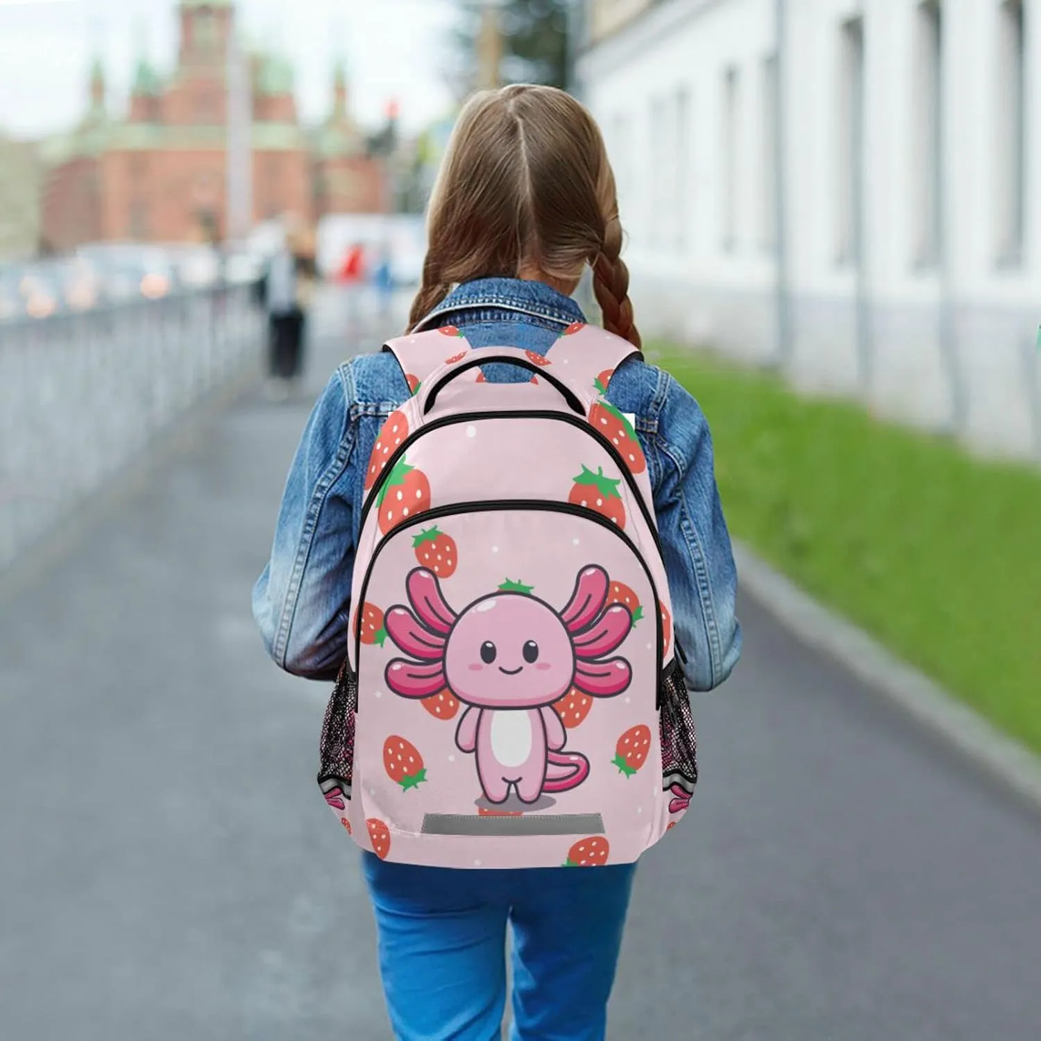 Kcldeci Kids Backpack for Girls Boys Strawberry Polka Dot Cute Axolotl Mascot Cartoon Middle-School Backpacks Elementary Bookbags School Book Bag Travel Bag