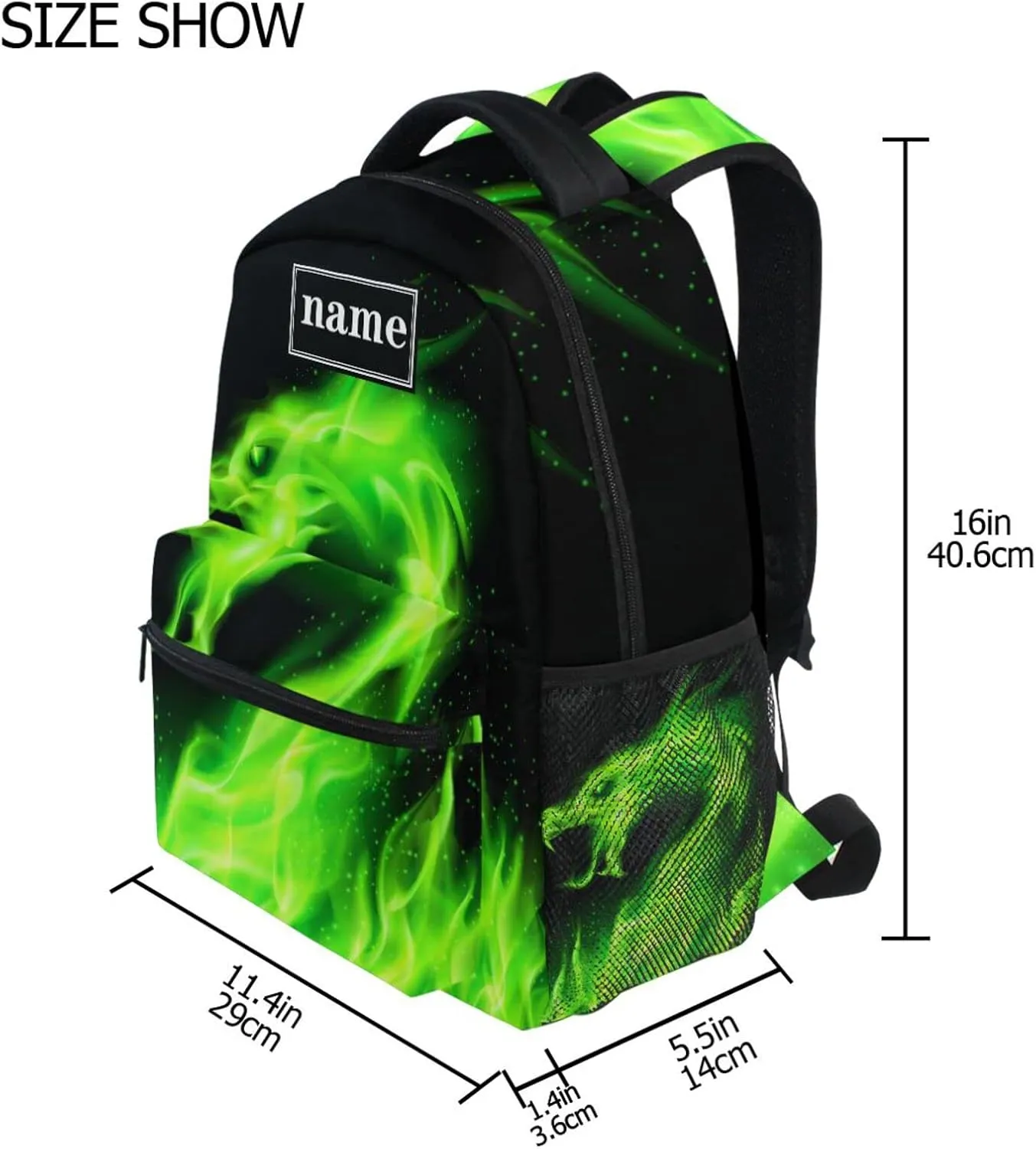Kcldeci Personalized Dragon Backpack Custom Green Fire Dragon Kids Backpacks School Bag Bookbag Schoolbag Daypack Travel Bag