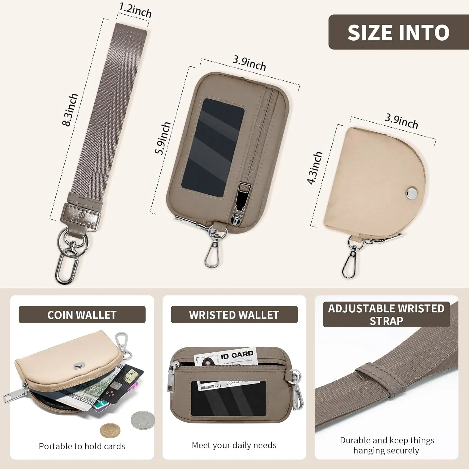 Keychain Wristlet Wallet for Women Zippered Dual Pouch Wristlet Nylon Coin Purse Small Wallet with Key Ring