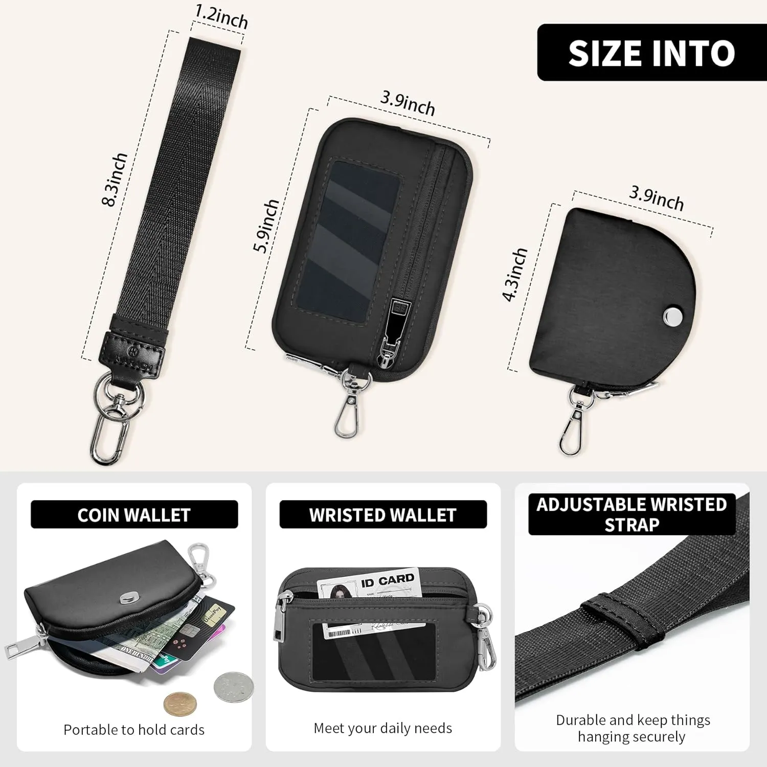 Keychain Wristlet Wallet for Women Zippered Dual Pouch Wristlet Nylon Coin Purse Small Wallet with Key Ring