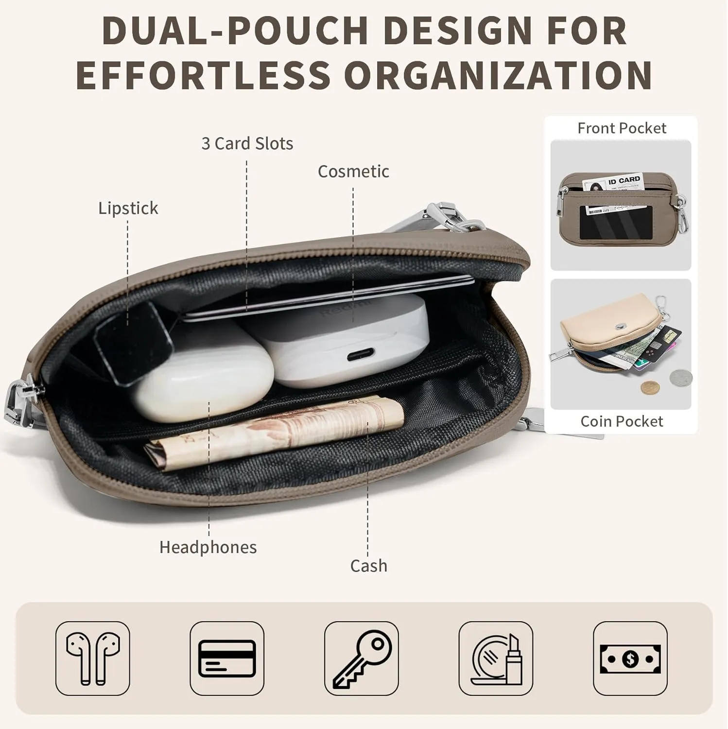 Keychain Wristlet Wallet for Women Zippered Dual Pouch Wristlet Nylon Coin Purse Small Wallet with Key Ring