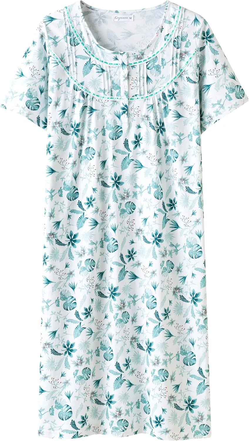 Keyocean Women Nightgowns, Soft Comfy Lightweight 100% Cotton Short Sleeves Comfy Ladies Nightdress