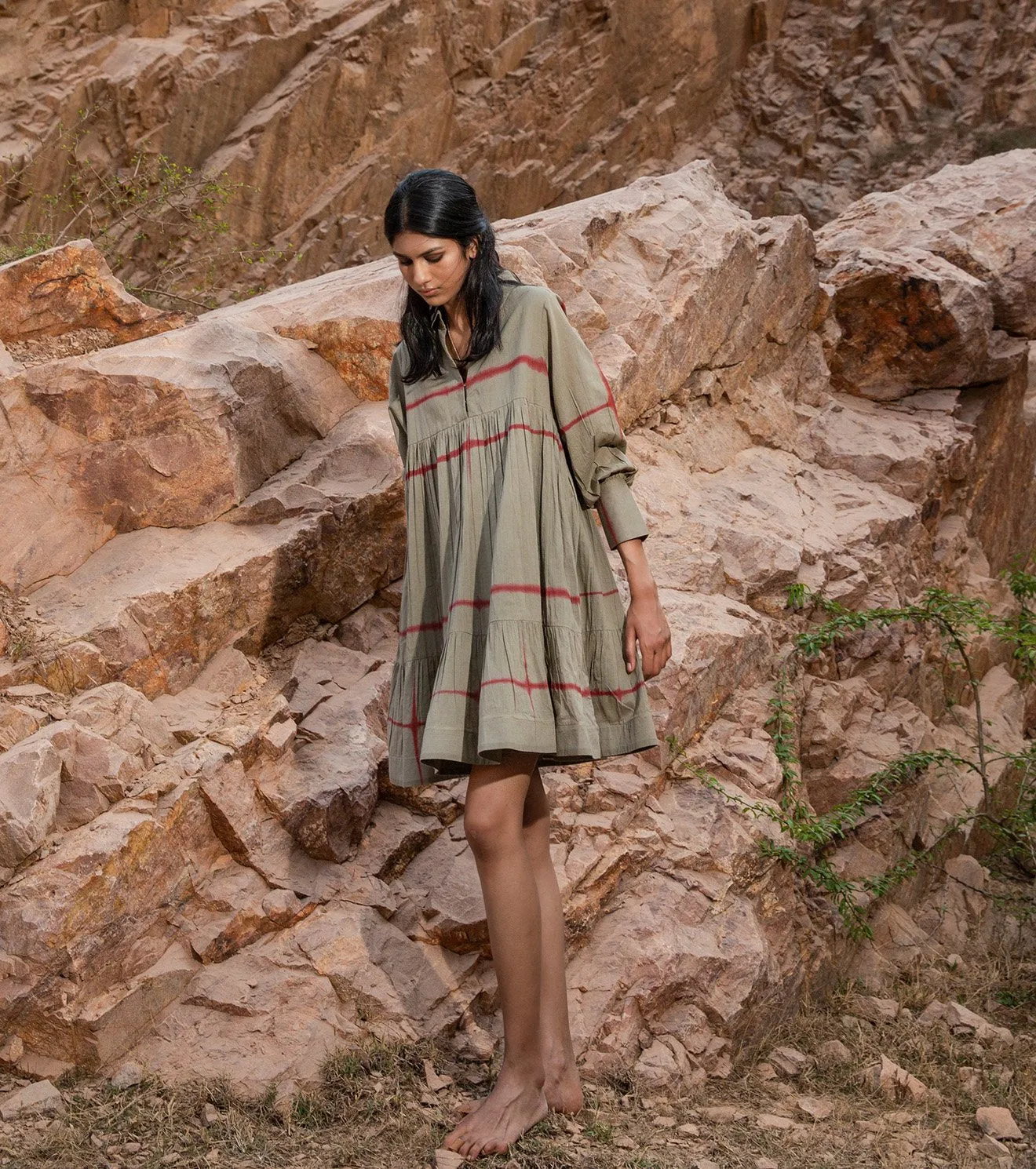 Khara Kapas   I   KharaKapas I Pickle Green Collared Shibori Tiered Dress  I  32 Days Of Summer