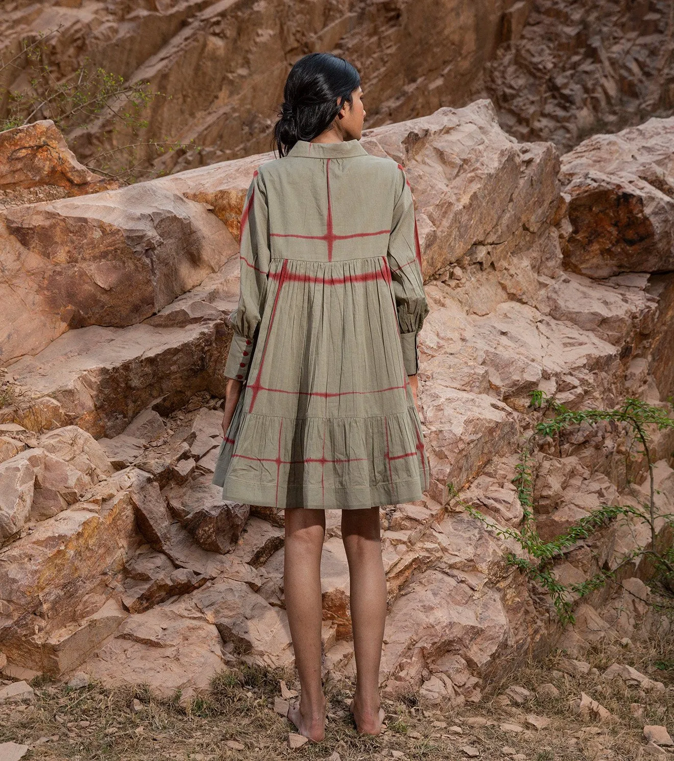 Khara Kapas   I   KharaKapas I Pickle Green Collared Shibori Tiered Dress  I  32 Days Of Summer