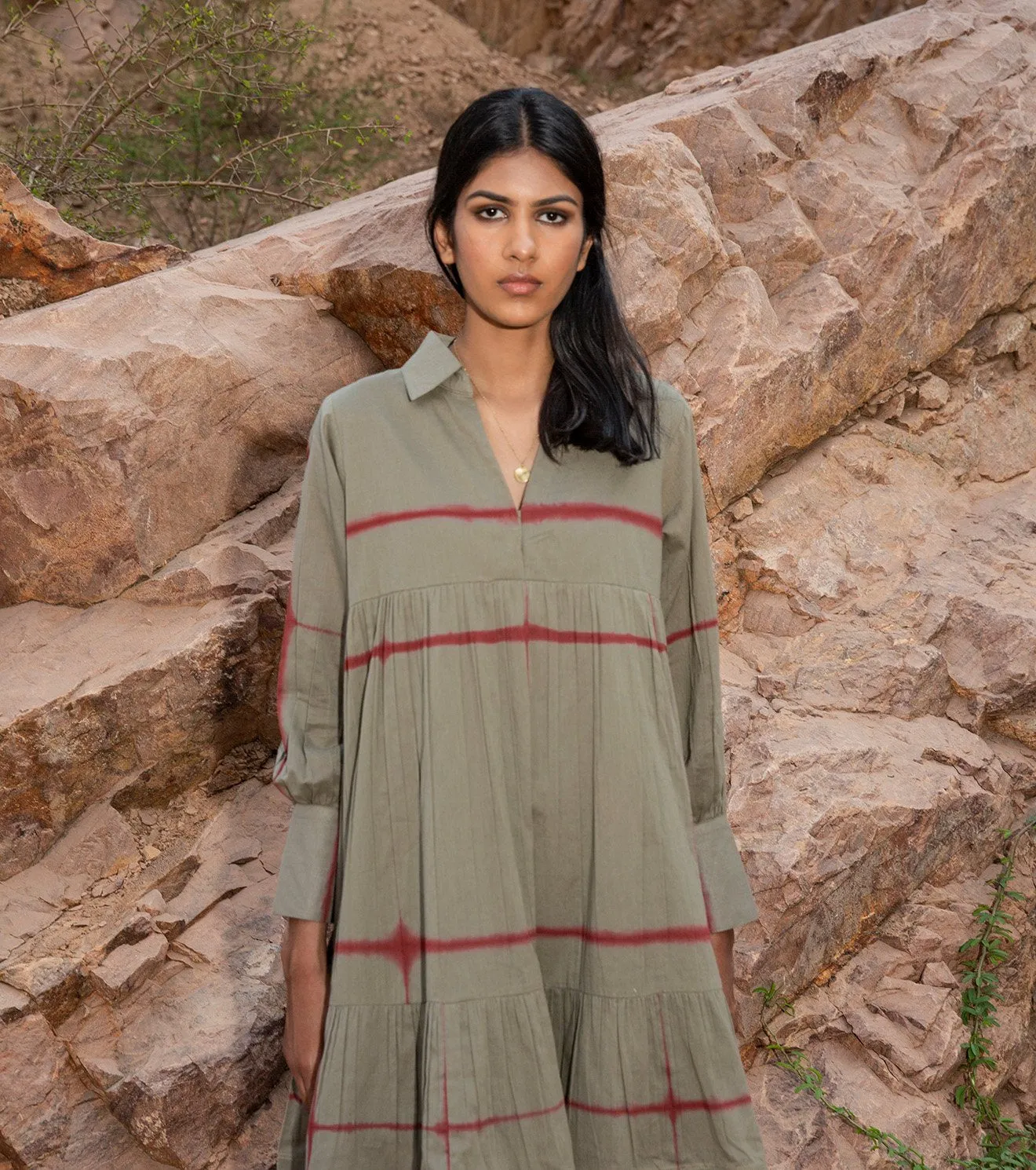 Khara Kapas   I   KharaKapas I Pickle Green Collared Shibori Tiered Dress  I  32 Days Of Summer