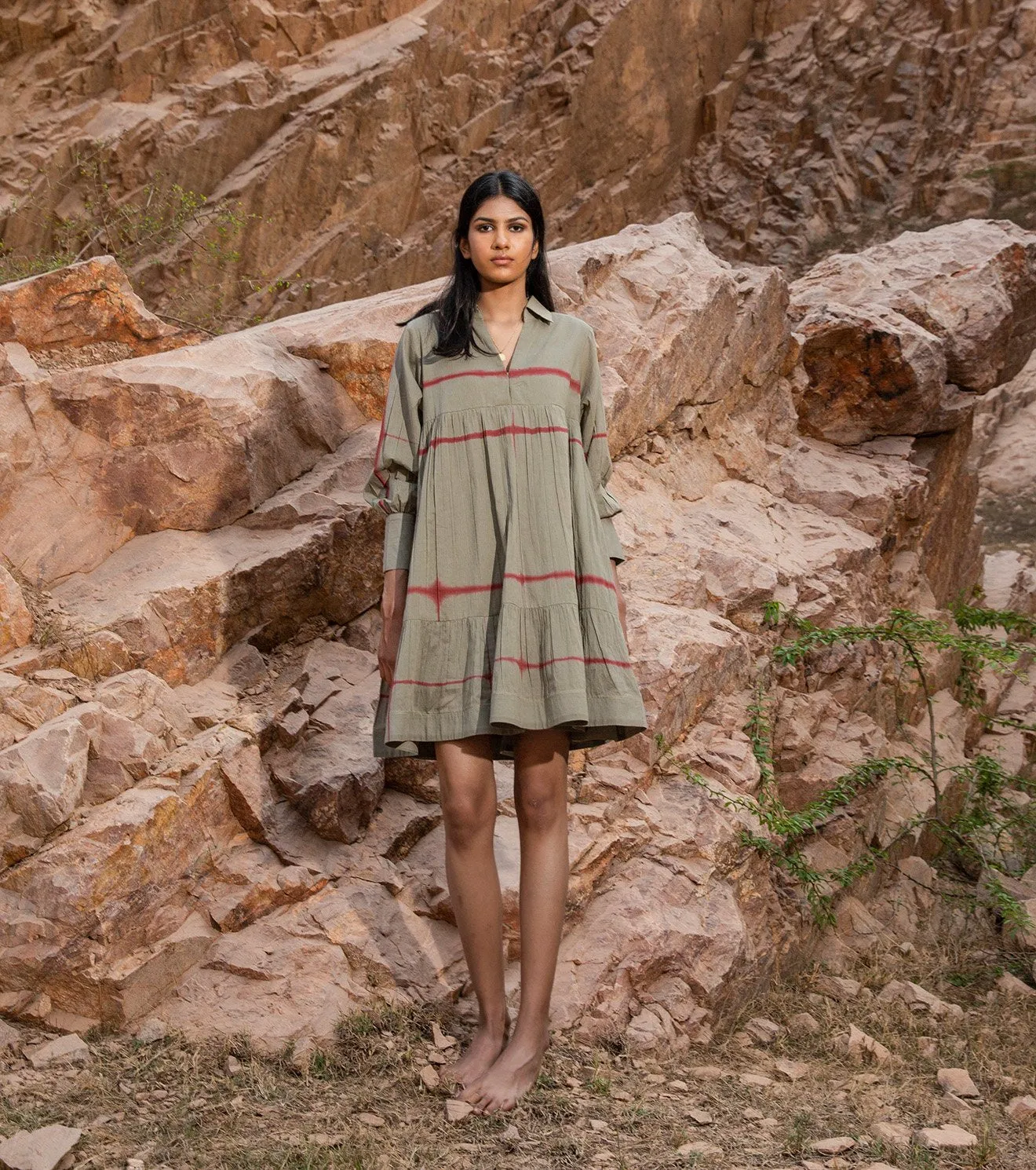 Khara Kapas   I   KharaKapas I Pickle Green Collared Shibori Tiered Dress  I  32 Days Of Summer