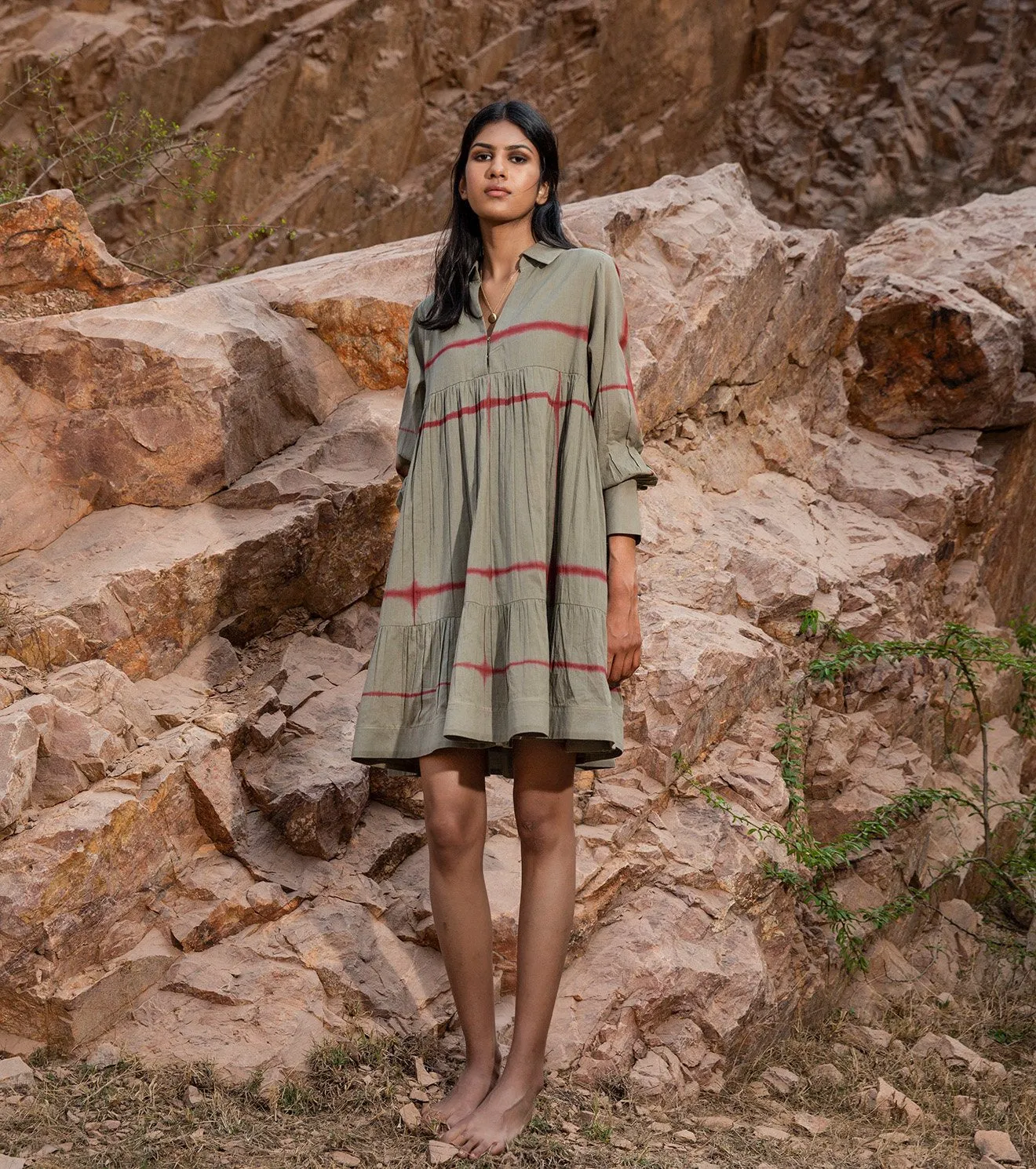 Khara Kapas   I   KharaKapas I Pickle Green Collared Shibori Tiered Dress  I  32 Days Of Summer