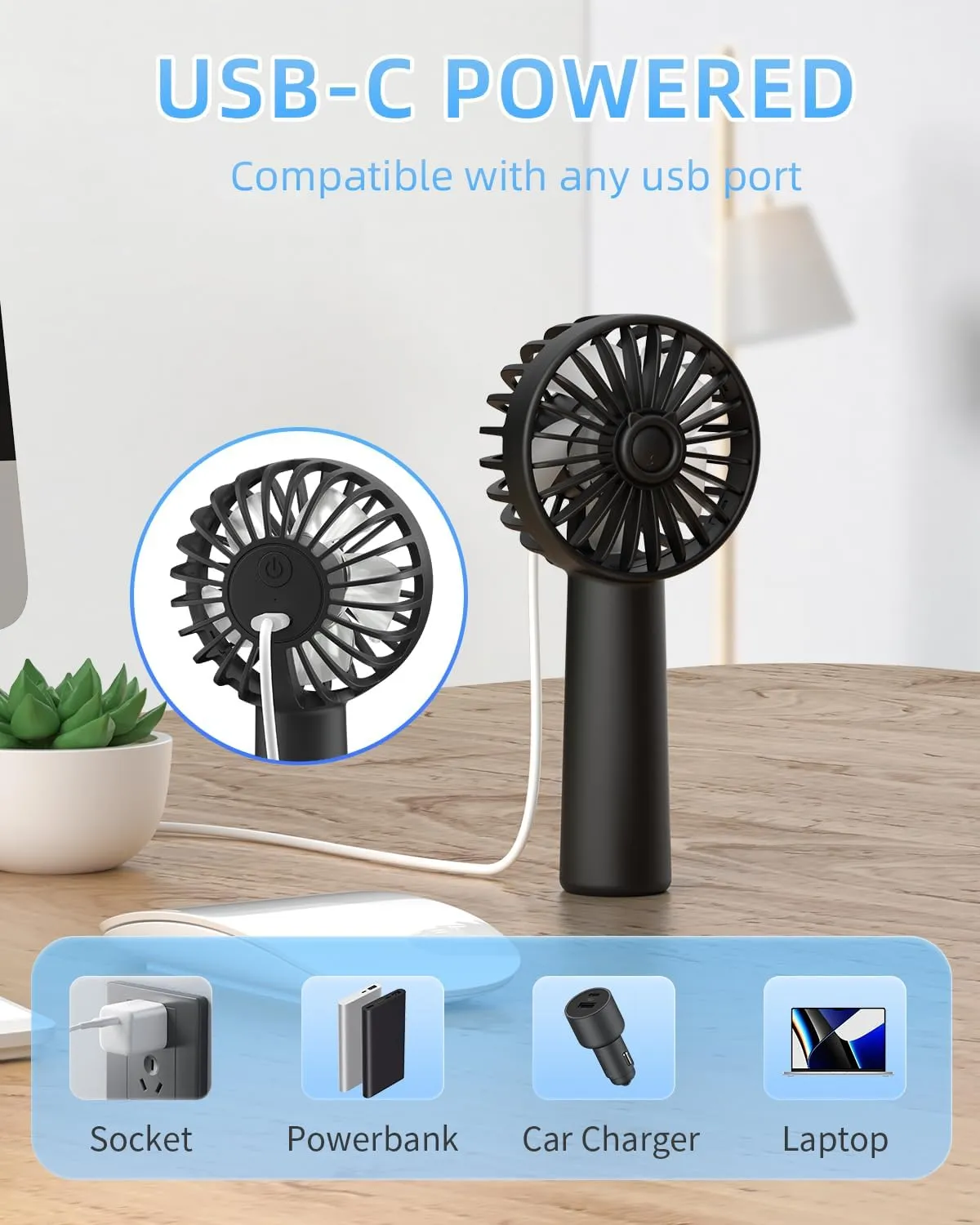 KIDEE Portable Mini Fan, 2 Pack Handheld Fan with 3 Speeds, Hand Fans USB Rechargeable, Battery Powered Personal Fan for Travel, Small Lash Fan for Women Girls, Black