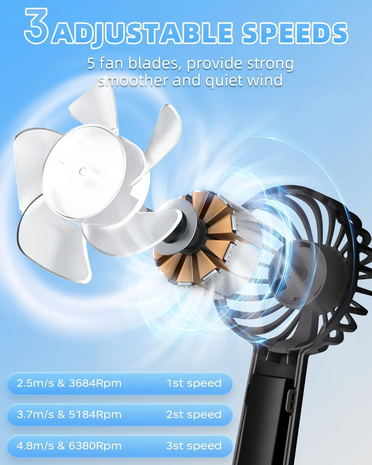 KIDEE Portable Mini Fan, 2 Pack Handheld Fan with 3 Speeds, Hand Fans USB Rechargeable, Battery Powered Personal Fan for Travel, Small Lash Fan for Women Girls, Black