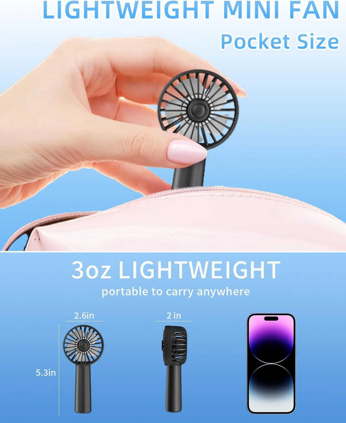 KIDEE Portable Mini Fan, 2 Pack Handheld Fan with 3 Speeds, Hand Fans USB Rechargeable, Battery Powered Personal Fan for Travel, Small Lash Fan for Women Girls, Black