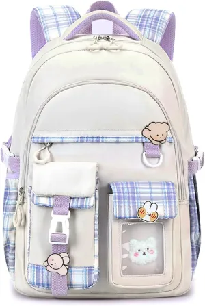 Kids Backpack for Girls Teens, Kawaii Backpack for School, Cute Bookbag for Primary Elementary with Accessories, White