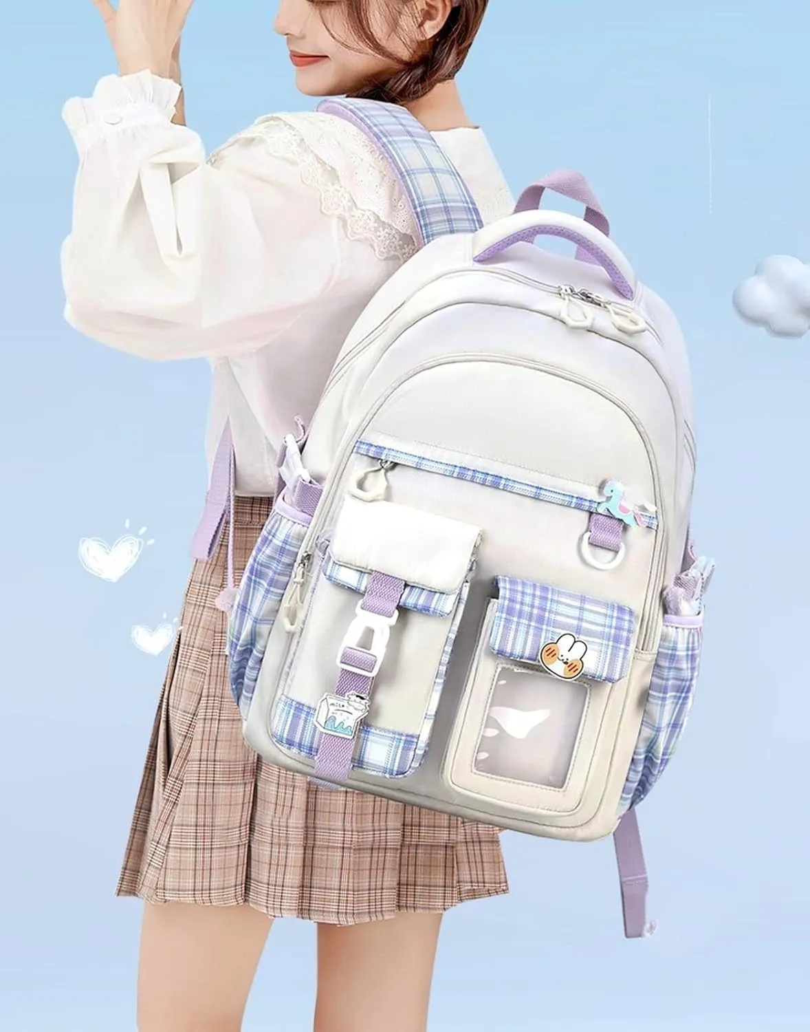 Kids Backpack for Girls Teens, Kawaii Backpack for School, Cute Bookbag for Primary Elementary with Accessories, White