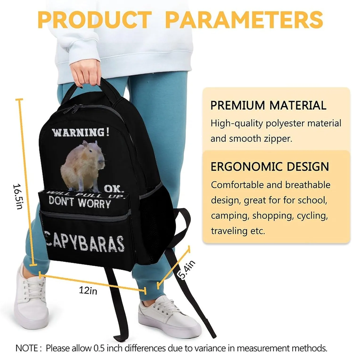 Kids Backpack for School - 16 Inches Black Backpacks for Girls, Boys - Funny Bookbag for Middle School