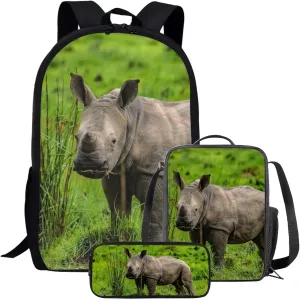 Kids Novelty Animal Backpack and Lunch Box for Boys Girls Student Lightweight 17 Inch School Rhinoceros Backpack with Lunch Bag Pencil Case Kids Comfy Padded Black Large Bookbag