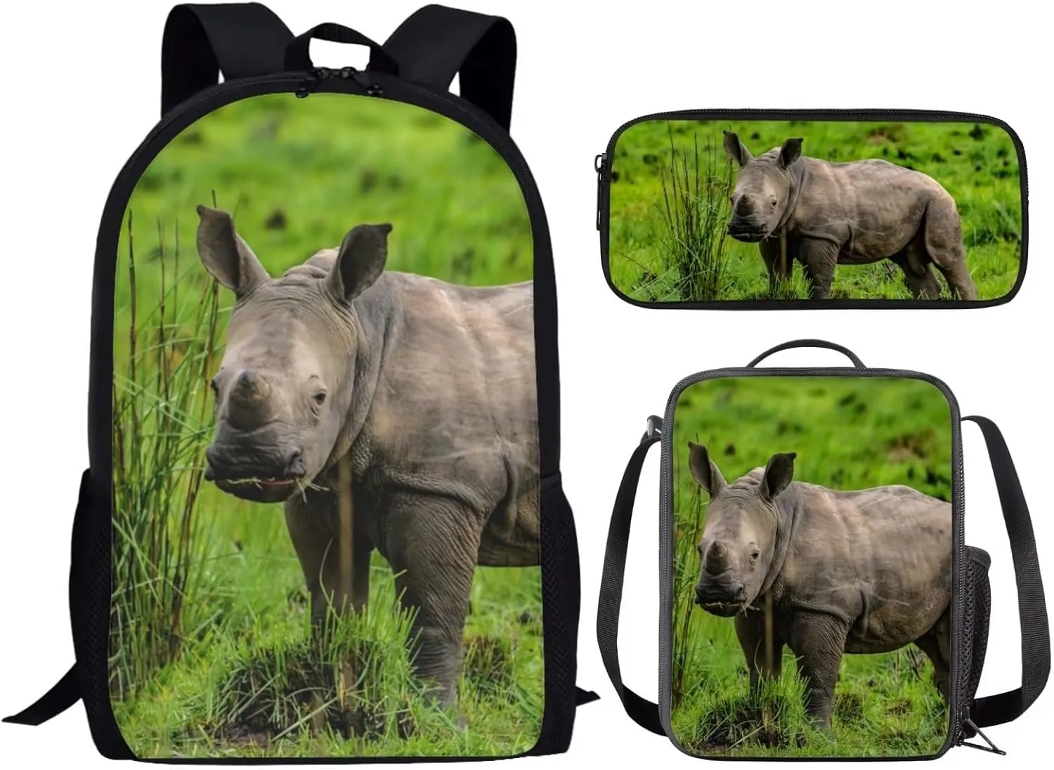 Kids Novelty Animal Backpack and Lunch Box for Boys Girls Student Lightweight 17 Inch School Rhinoceros Backpack with Lunch Bag Pencil Case Kids Comfy Padded Black Large Bookbag