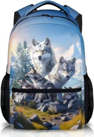 Kids School Backpacks, Cool Wolf Schoolbag, Gift for Kids Back to School, 17 Inch Student Backpack for Preschool Elementary Kindergarten Travel Camping