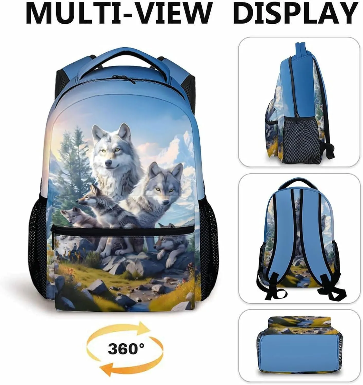 Kids School Backpacks, Cool Wolf Schoolbag, Gift for Kids Back to School, 17 Inch Student Backpack for Preschool Elementary Kindergarten Travel Camping