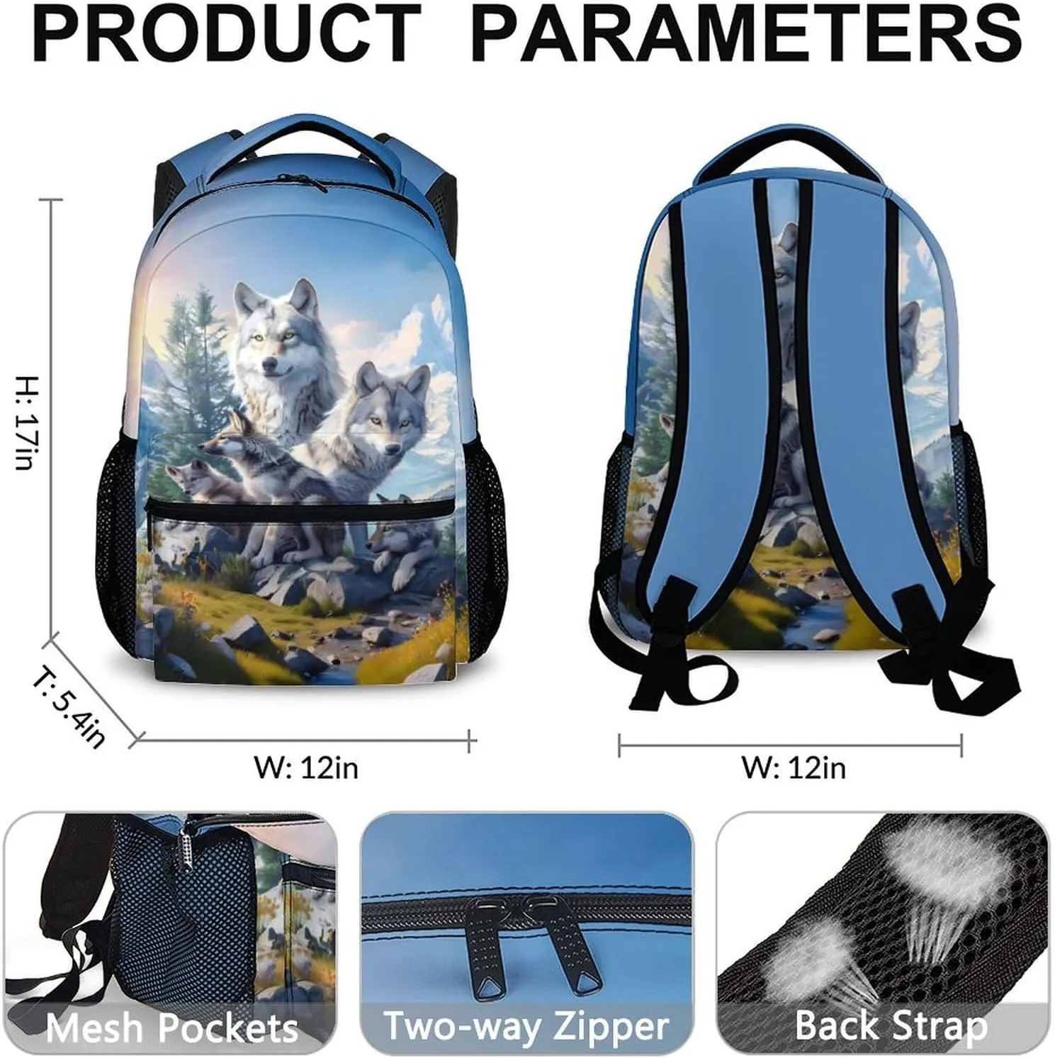 Kids School Backpacks, Cool Wolf Schoolbag, Gift for Kids Back to School, 17 Inch Student Backpack for Preschool Elementary Kindergarten Travel Camping