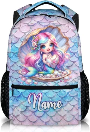 Kids School Backpacks, Custom Mermaids Backpack, Mermaid Gift, 17 Inch Personalized Cute Girls Bookbags for Elementary Kindergarten School Travel Picnic